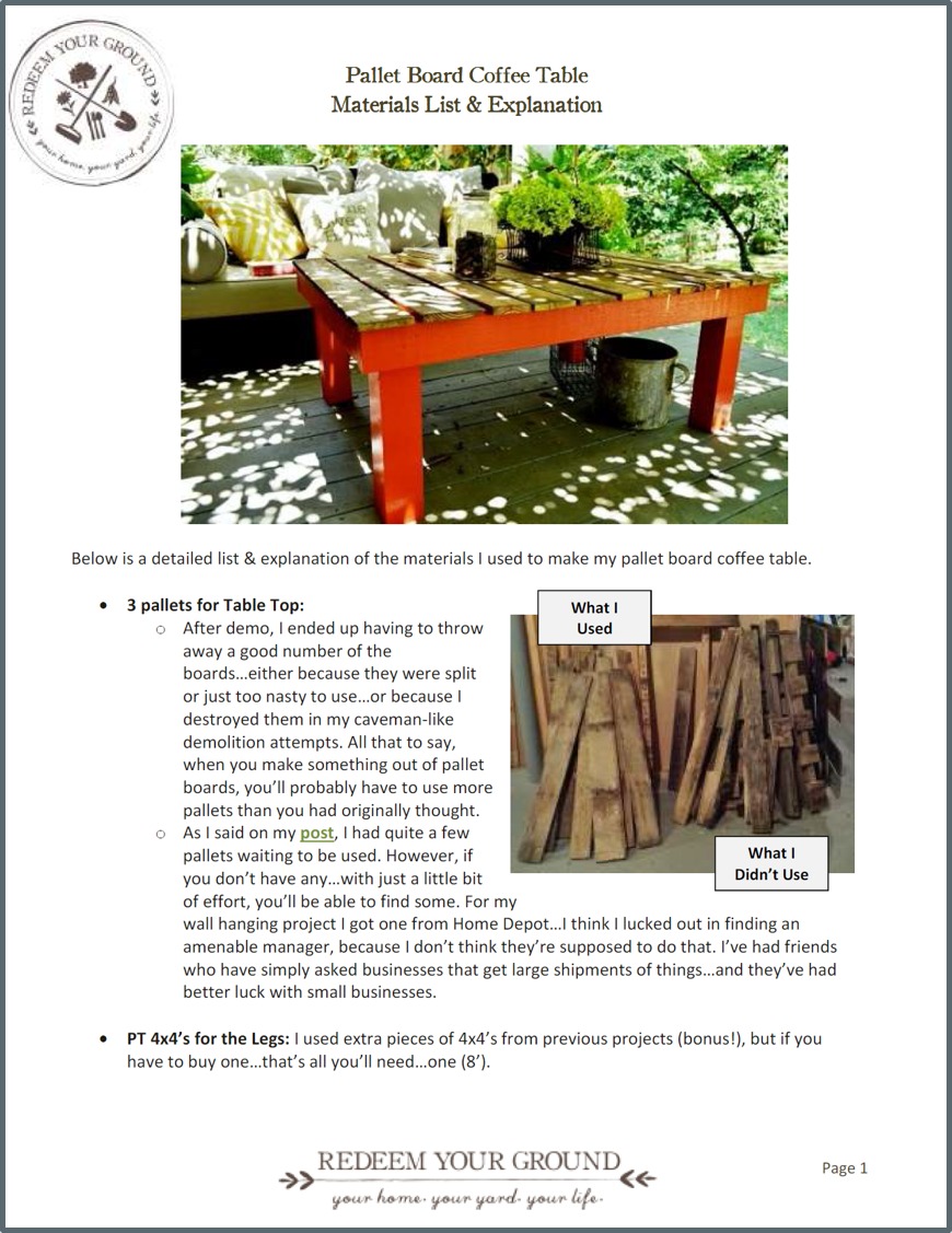 How to Make a Pallet Board Coffee Table - Materials List | Redeem Your Ground | www.RedeemYourGround.com