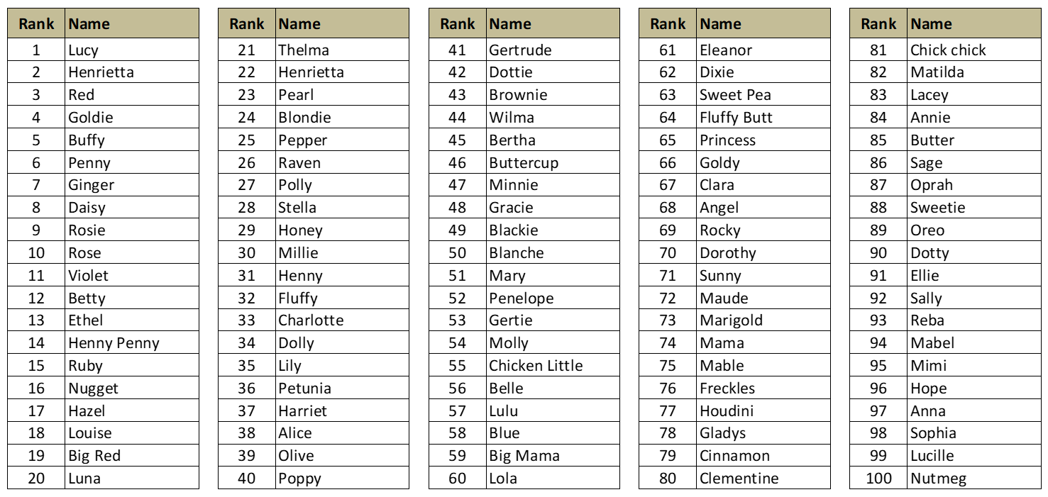 Top 100 Chicken Names | Redeem Your Ground | www.RedeemYourGround.com